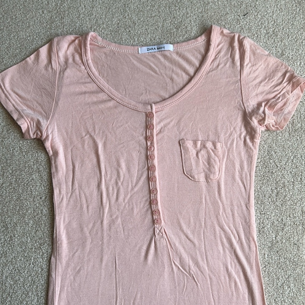 Zara basics tee shirt with buttons - pink, cotton, short sleeve